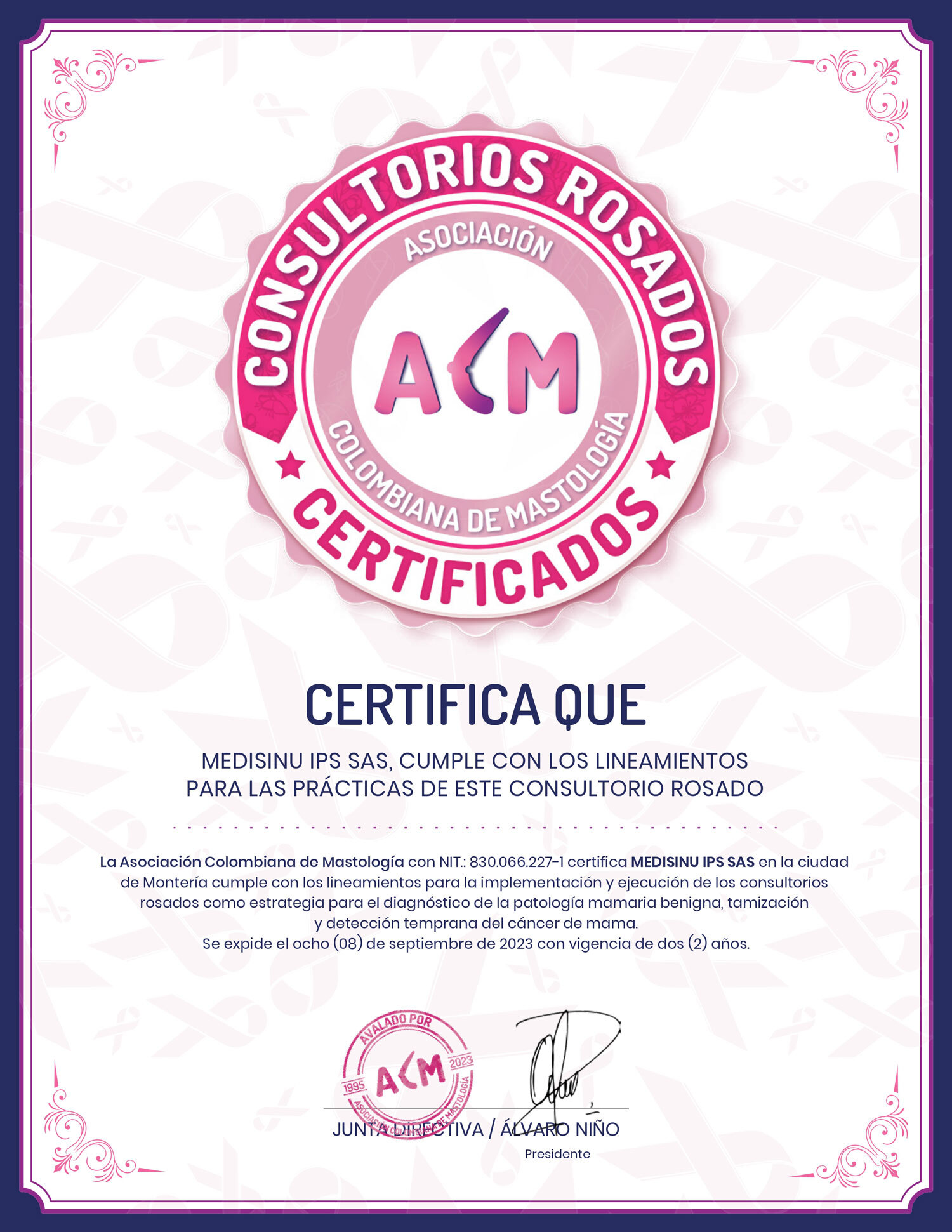 Certificación Consultorio Rosado por la Asociación Colombiana de Mastología